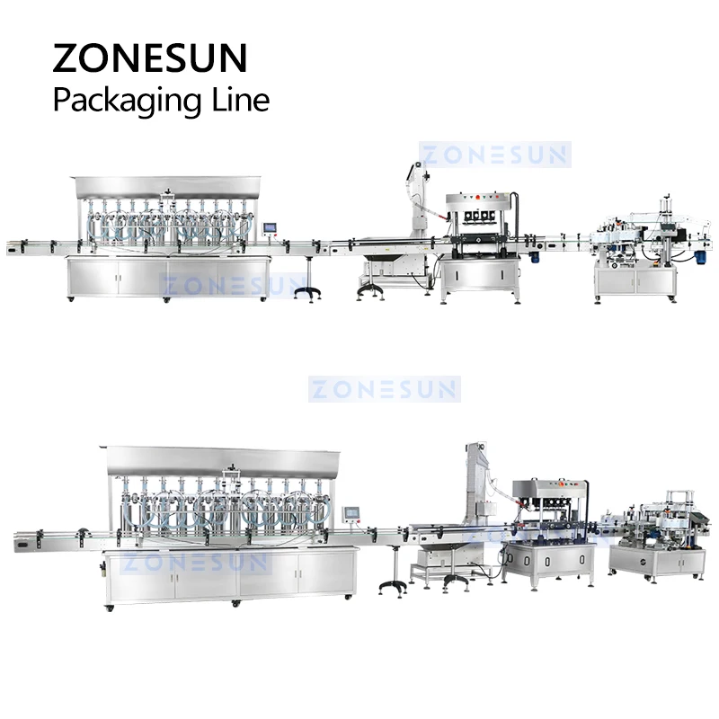 ZONESUN 5L Bottle Packaging Production Line Oil Filling Capping Round Flat Bottles Double Labeling Machine ZS-FAL180Z4