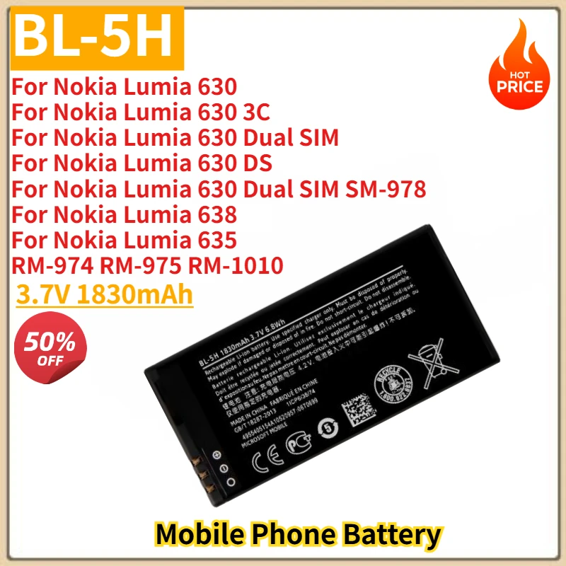 BL-5H High Quality Replacement Phone Battery 3.7V 1830mAh For Nokia Lumia 630 635 636 638 Lumia630 RM-977 RM-978 Brand New