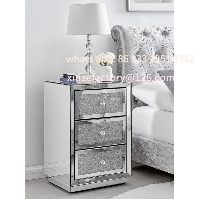 

Customizable -Modern Luxury Crushed Diamond Mirrored 3 Drawer Storage Bedside Table Bed Side Nightstand For Bed Rooms