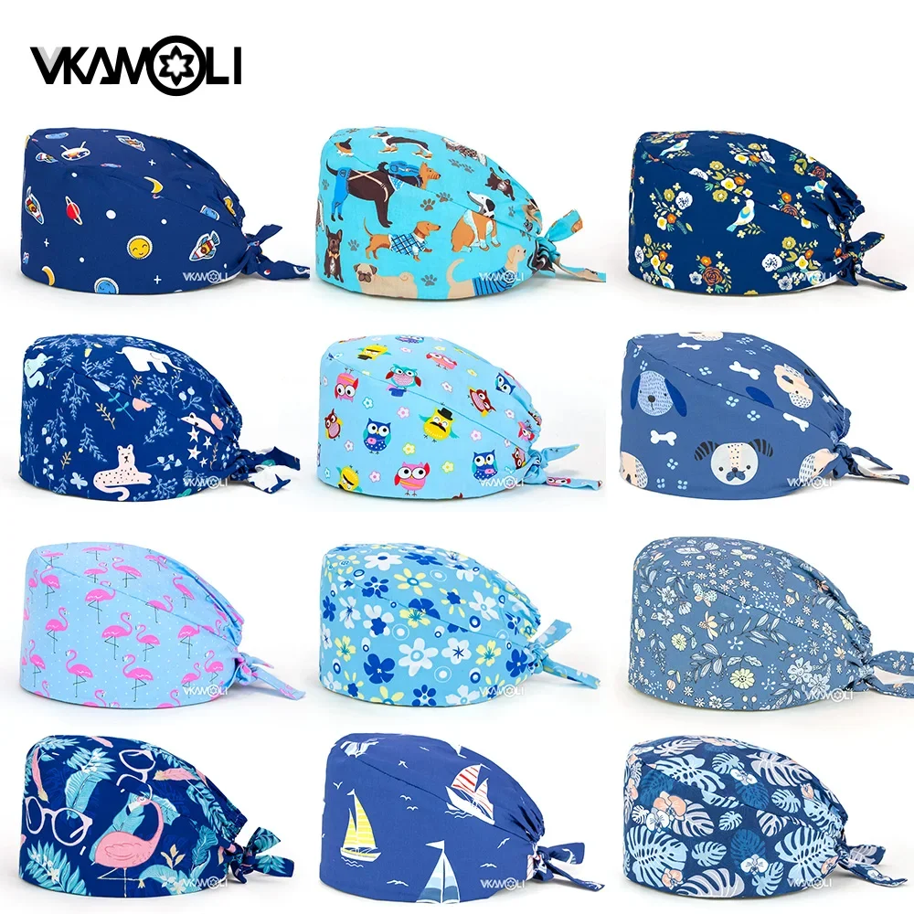 Cappelli stampati blu cappello da lavoro Unisex da laboratorio Scrub Cap 100% cotone infermieristica scrub cappello Scrub cappelli per donna gorro enelevera cappello da allattamento