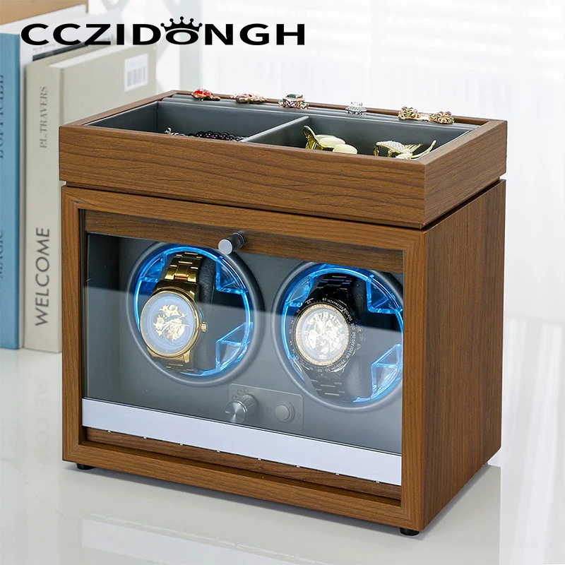 2-Slot Watch Winder Automatic LED Light Wooden Cover Material Suitable For Placing Jewelry Watch Box Case