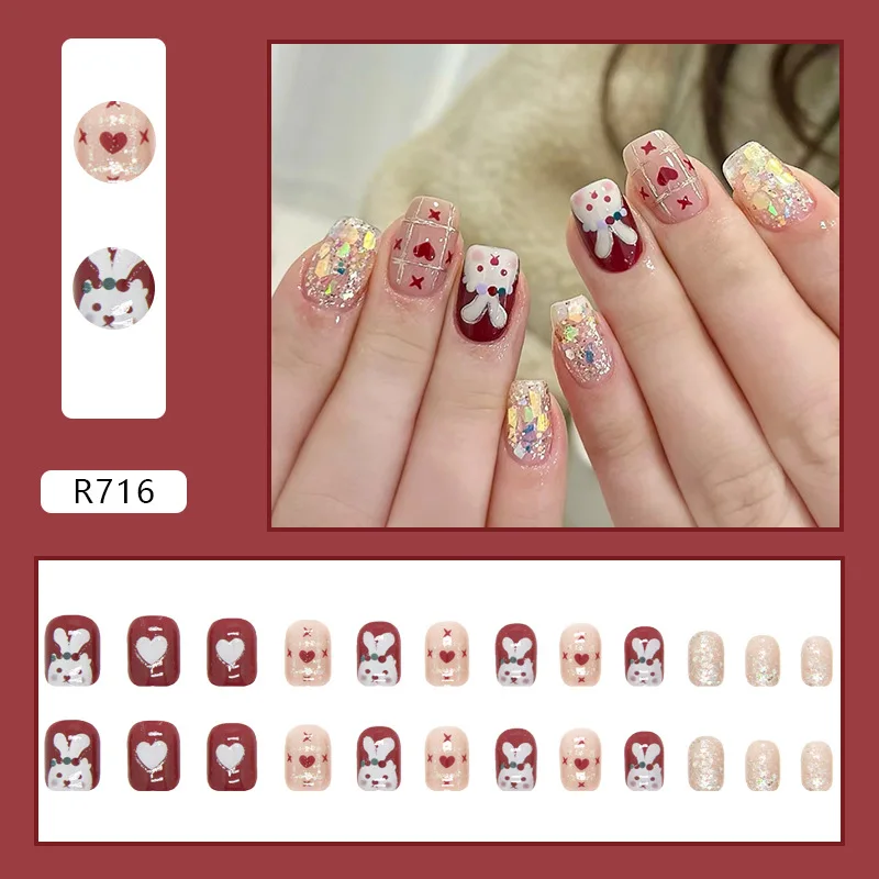 

24PCS Glam Red Press-On Nails – Medium Square Shape With Heart & Bunny Motifs on Checkerboard Dazzling Coverage Nail Art Kit