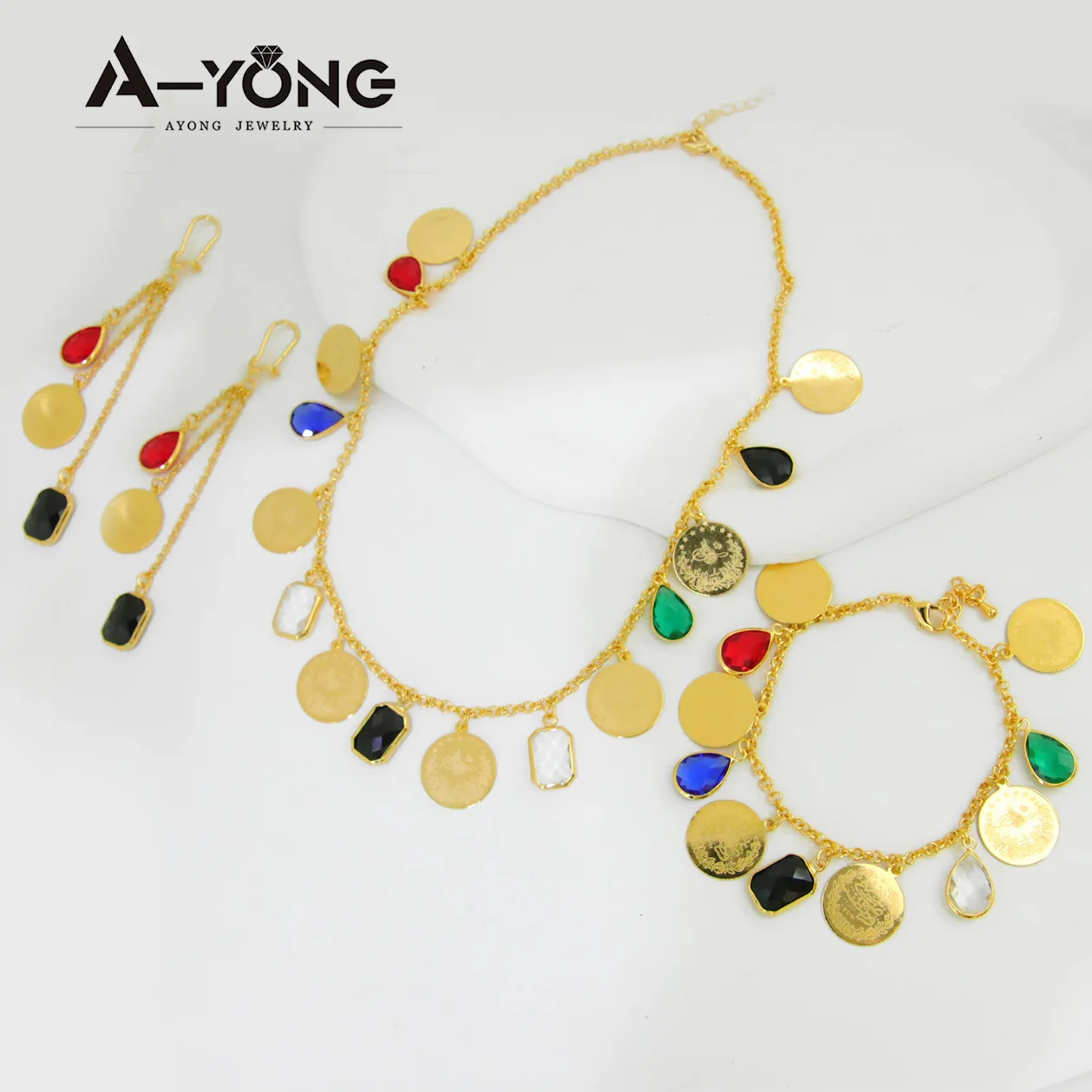 Luxus kubischen Zirkon Gold Farbe Münzen Anhänger Halskette Set 21 Karat vergoldet islamische Frauen Vintage Hochzeits feier Schmuck Geschenke – Detail 5