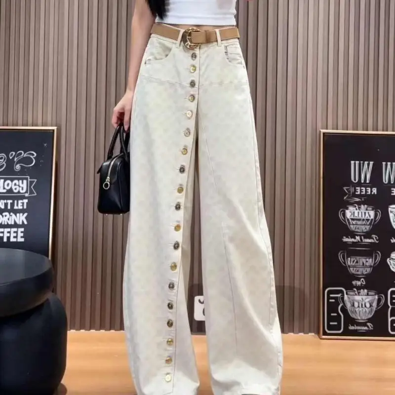 2026Autumn New Women Clothing Single Breasted Street Style Super Beautiful Jeans Fashion Temperament Wide Leg Curved Knife Pants