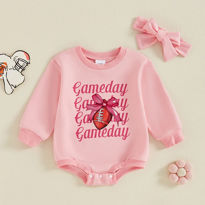 Autumn Girls Rompers Football Letter Bow Print Long Sleeve Loose Sweatshirts Rompers Jumpsuits Casual Outfits Newborn Clothes