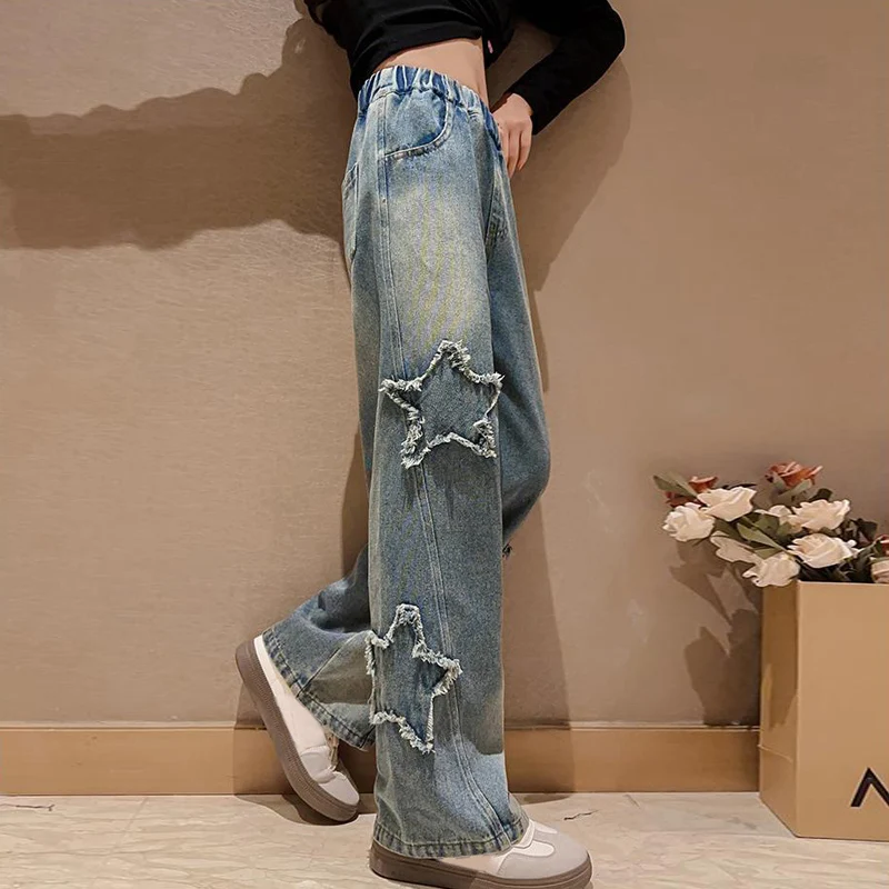 IENENS High Waist Jeans Girl\'s Baggy Jeans Straight Loose Wide-leg Pants Spring and Autumn Korean Fashion Wished Denim Trousers