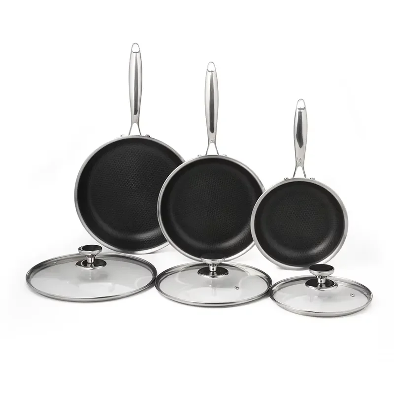 Classic 3 Piece Stainless Steel Honeycomb Non Stick Pan Set With Glass Lid Durable Eco Friendly Cookware For Home Kitchen