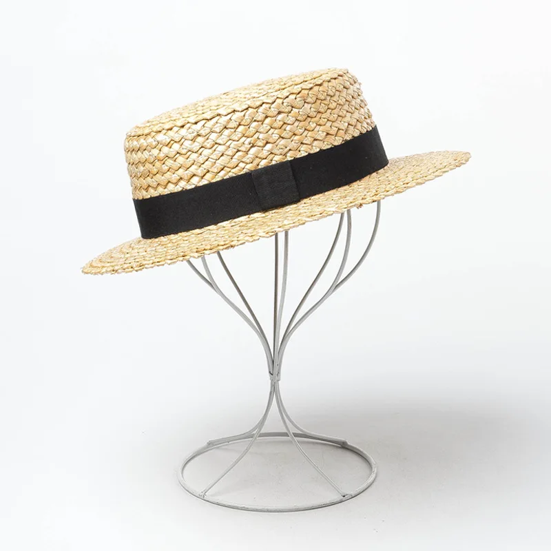 RH Spring Summer Beach hat Black Ribbon Female Thick Wide Wheat Braid Boater Hat Natural Straw Beach Visor Sun Cap