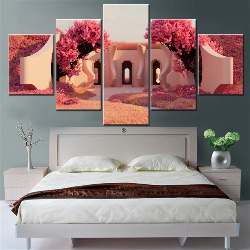 

5 Pieces Canvas Wall Arts Poster Painting Architecture Pinkish Red Outdoor Wallpaper Home Decor Picture Printing Interior Arts