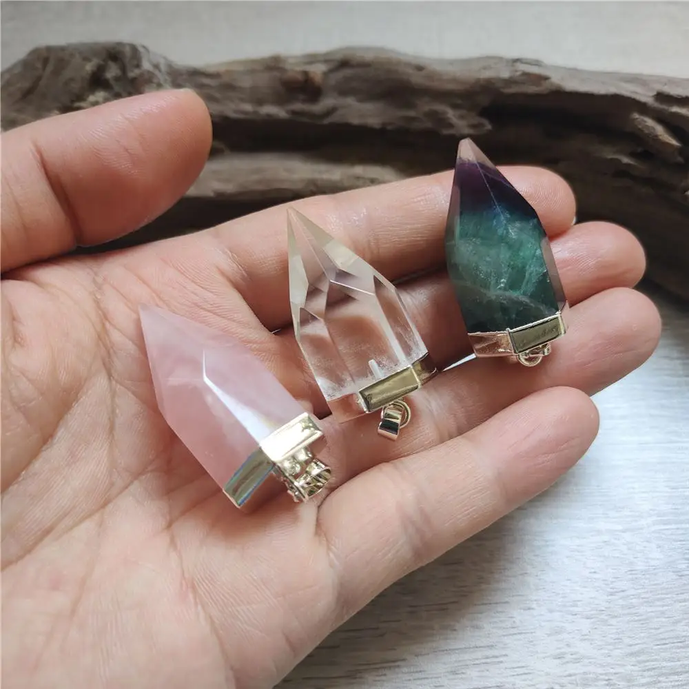 FUWO Wholesale Natural Rose/Clear Quartz Pendant,Silver Plated Fluorite Point Accessories For Jewelry Making 5Pcs/Lot PD326Y