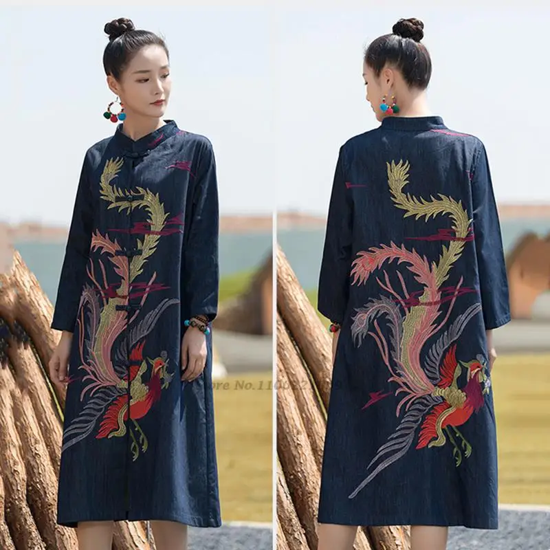 

2024 chinese style trench coat women national phoenix embroidery jacket vintage china tang suit loose traditional denim jacket