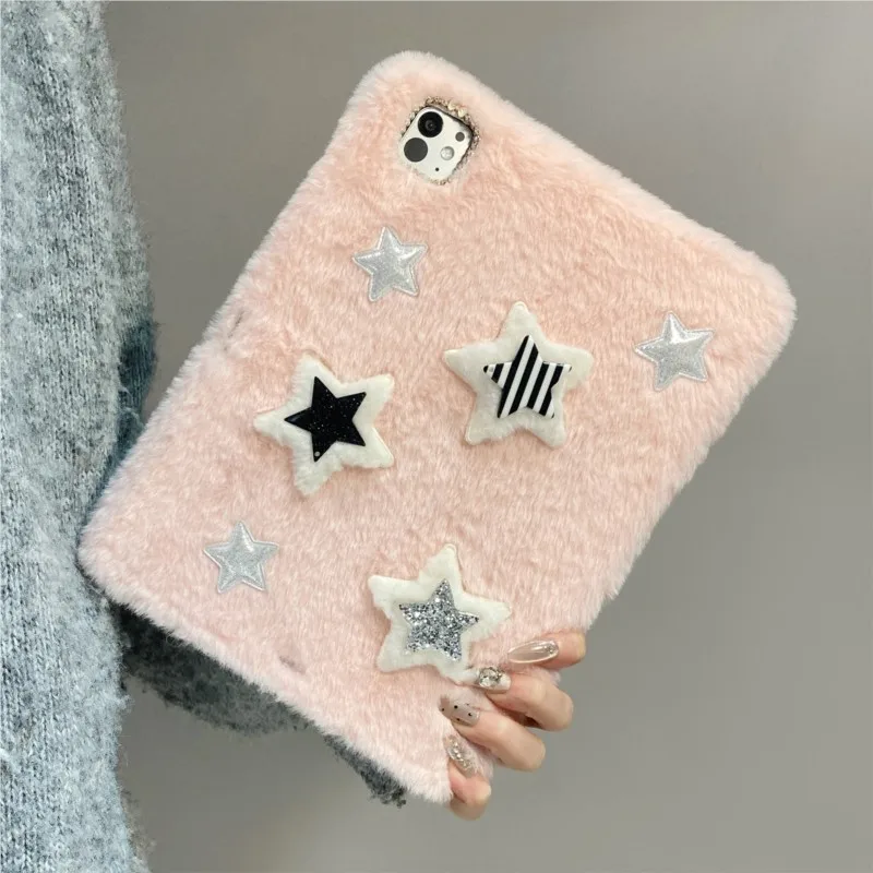 

Star Plush with Pencil Holder Fluffy Sparkle Shockproof Tablet Case for iPad 10th Gen Air8 11/13in M3 M2 A16 2025 A19 2026 Cover