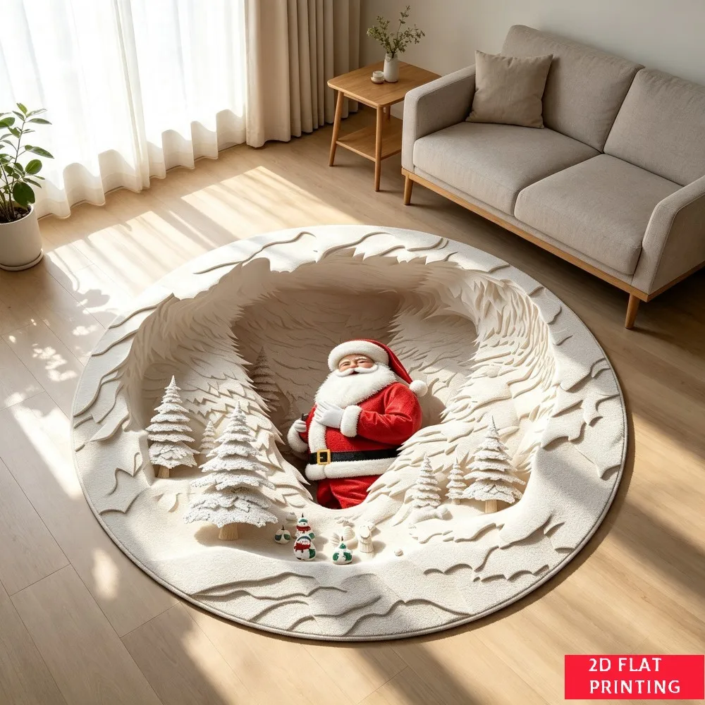 Christmas Teddy Bear Round Area Rug, Santa Hat Gift Box 3D Printed Circle Carpet, Non-Slip Floor Mat For Holiday Furnishing
