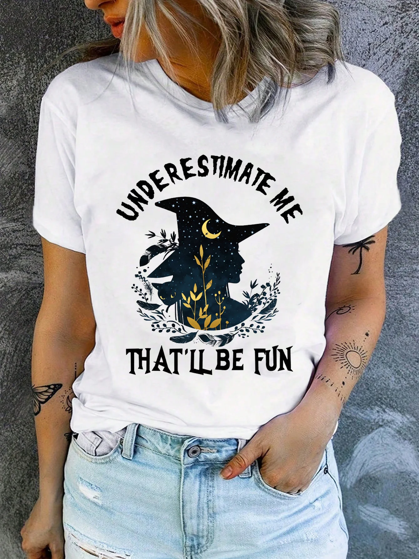 

Witchy Fun Halloween Graphic Tee for Women - Casual Crew Neck, Short Sleeve, Polyester Blend, Machine Washable