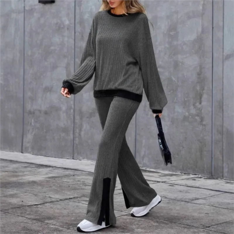 2024 Autumn Winter New Women\'s Fashion Color Blocked Casual Loose Home Clothes High Waist Temperament Split Pants Set