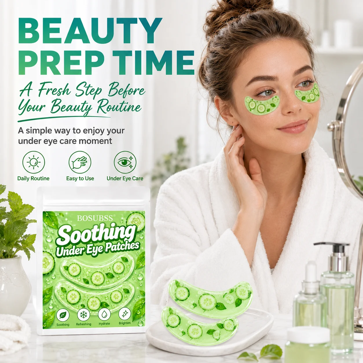 10PCS/5Pairs Cucumber Under Eye Beauty Patches, Soft Gel-Feel Green Printed Eye Patches with Curved Easy-Peel Design for Daily S