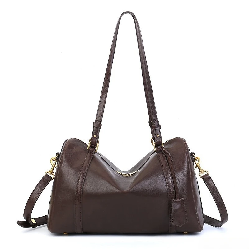 Vintage Elegant Work Shoulder Bag for Women Genuine Leather Full Grain Leather Convertible Crossbody Strap Spacious Luxury
