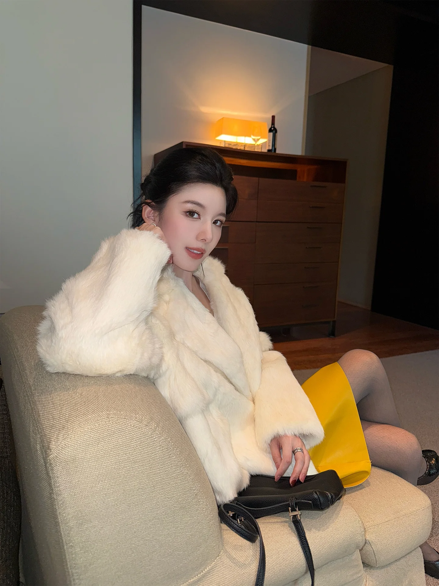 First Snow Rabbit Fur Jaet Women's Winter Coat Luxury Warmth Straight Cut Long Sve Button Closure White Leather Outerwear