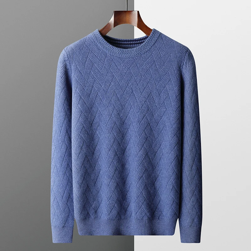 Men\'s winter new 100% merino wool cashmere sweater O-neck pullover long sleeve loose bottoming shirt thickened casual knit top