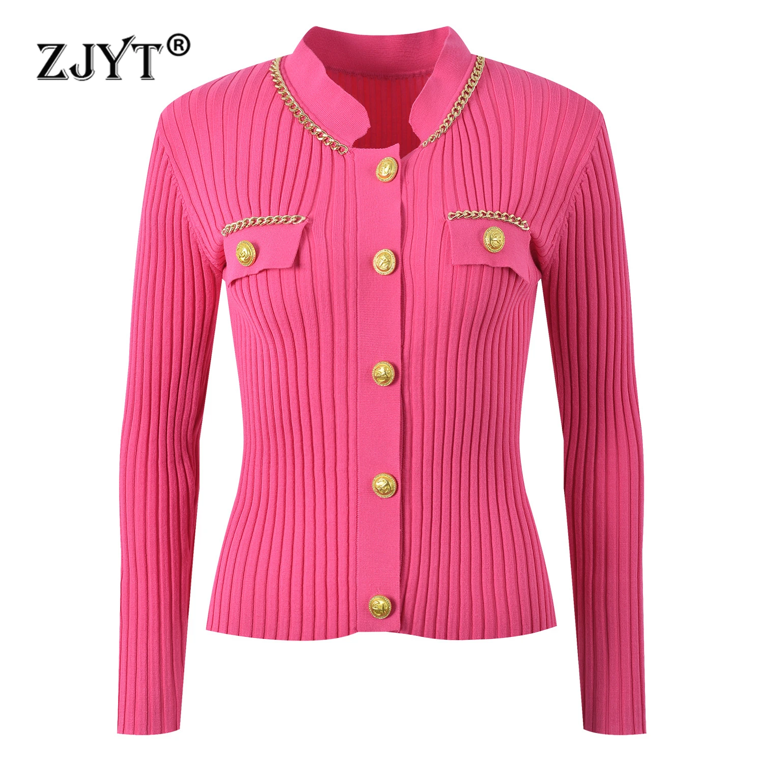 ZJYT 2024 Fashion Autumn Winter Cardigan Coat Knitted Sweaters Long Sleeve Stand Collar Buttons Chain Solid White Knitwears Tops