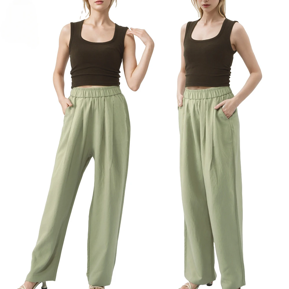 Elastic Waist Loose Wide Leg Long Pants Solid Color High-Rise  Straight Fit Trousers with Pockets Autumn/Winter Women Outwear