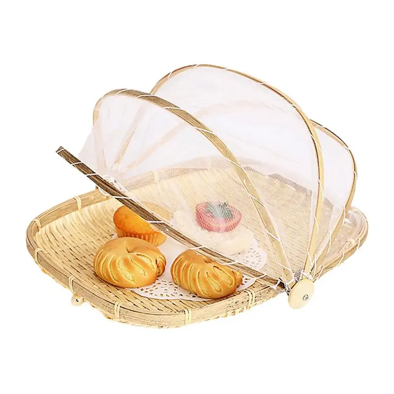 Serving Tent Basket Hand Woven Picnic Basket Bread Baskets Hand-Woven Dustpan With Mesh Gauze Cover With Lid For Vegetable Fruit