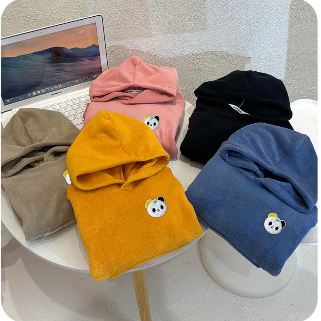 1-9Y الاطفال مزدوجة الصوف الكرتون الباندا هوديي قميص دافئ عادية مقنع البلوز الأطفال أفضل بنين بنات بلوفر شتوي الملابس