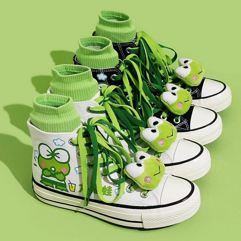 

Y2K Keroppi Shoes Outdoors Hand-Painted Graffiti High Top Kawaii Canvas Shoes Women Spring Autumn Mandarin Up Versatile Sneakers
