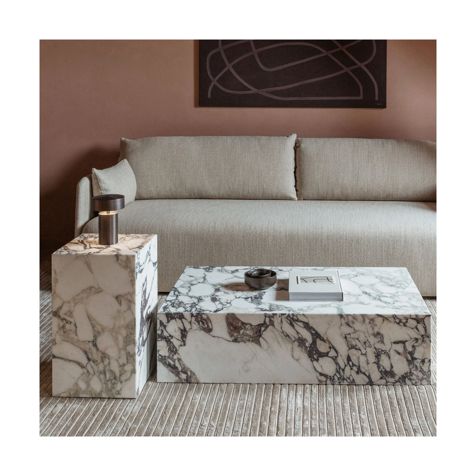 Mesa de Centro de Mármol Carrara Viola Blanco, Mueble de Piedra para Sala de Estar, Estilo Nórdico Moderno, Decoración Natural Única para el Hogar