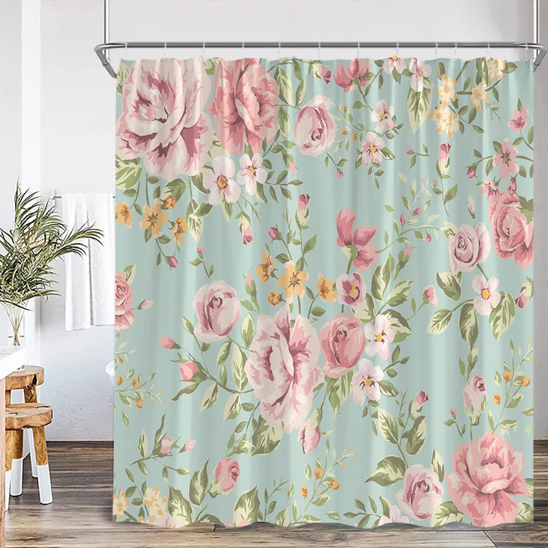 Pink Rose Floral Shower Curtains Rustic Flowers Green Leaves Modern Fabric Home Bathroom Decorative Bath Curtain Set With Hooks