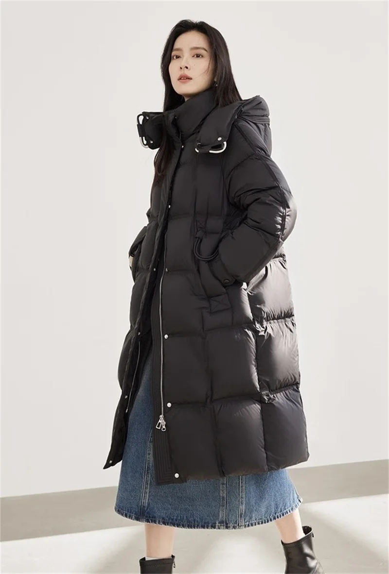 Winter Loose Hooded Long Down Jacket Women White Duck Down Double Zipper Parker Outwears Female Warm Thicken Knee Length Jackets