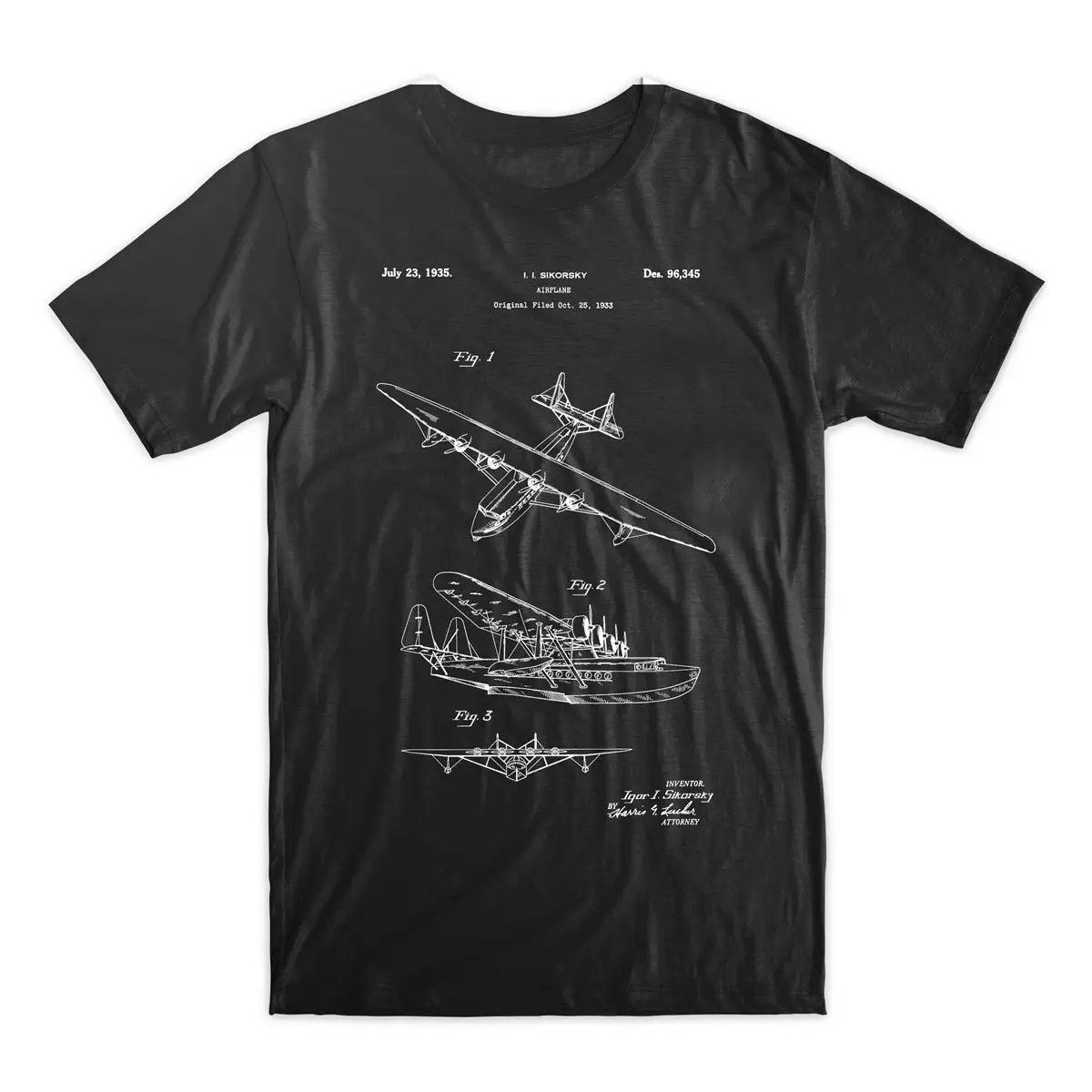 Sea Plane Patent T Shirt Airplane Blueprint Soft Cotton Available on Black Red White or Gray