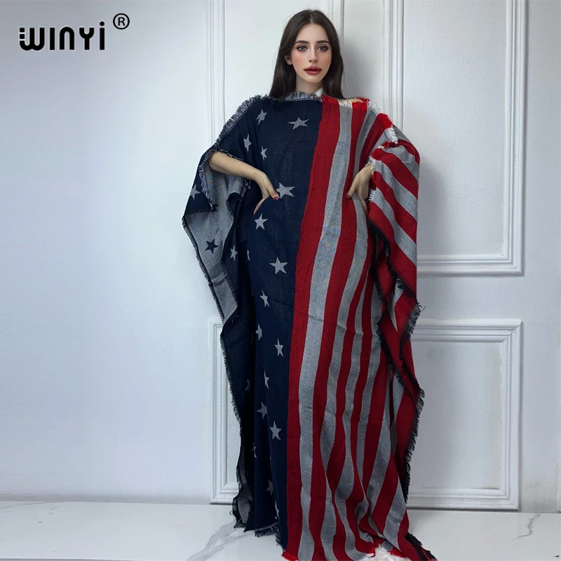 WINYI winter American flag print holiday kaftan evening dress Elegant robe Africa Women Caftan women party cape dress women