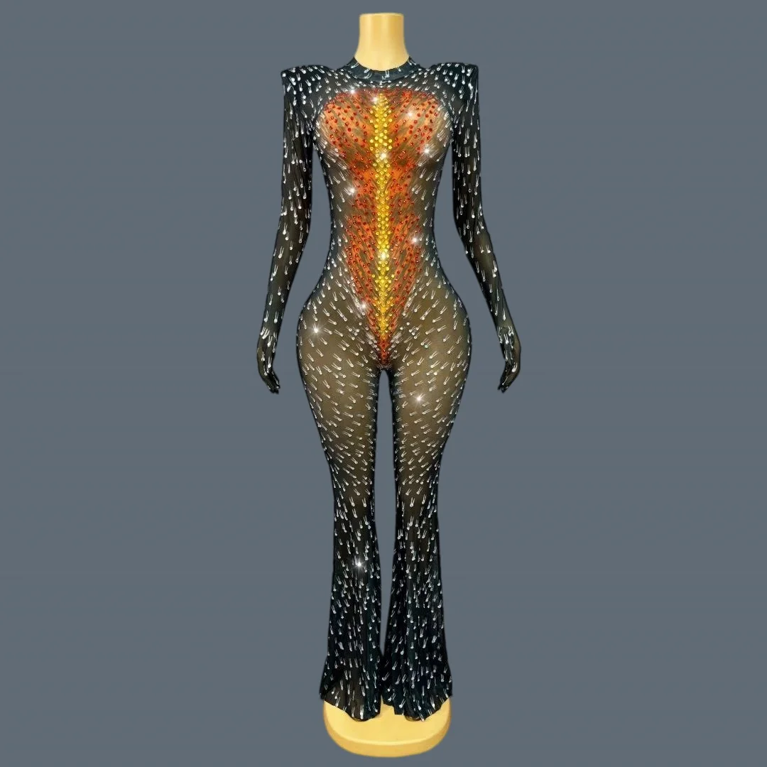 Party See Through Mesh Tight Fitting Jumpsuit Sparkly Rhinestone Sexy Women Long Sleeves Bell-bottoms Spicy Girl Outfit Yanxin