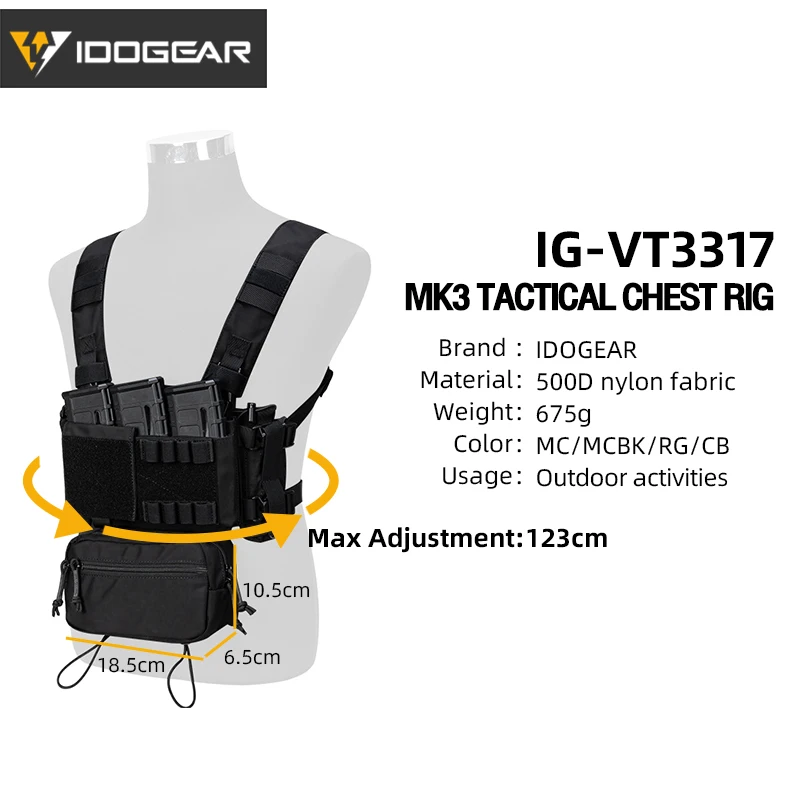 IDOGEAR MK3 Tactical Chest Rig Modular Lightweight Hunting Vest Full Set w/ 5.56 Mag Pouch Pantiball 3317