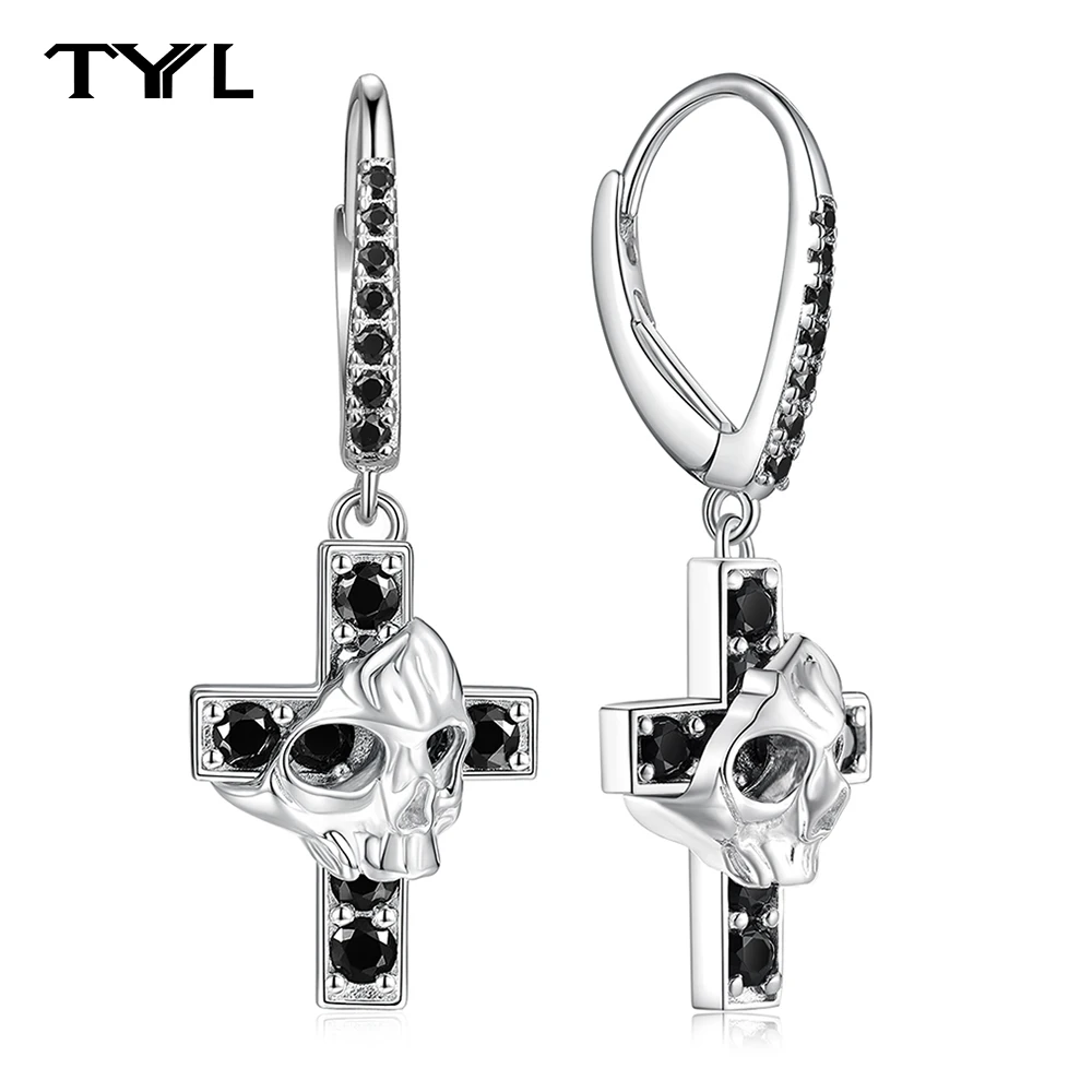 

TYYL New 2.2mm Black Moissanite Cross Skull Drop Earrings Women Men Stud 925 Silver Ear Dangle Halloween Skeleton Gothic Jewelry