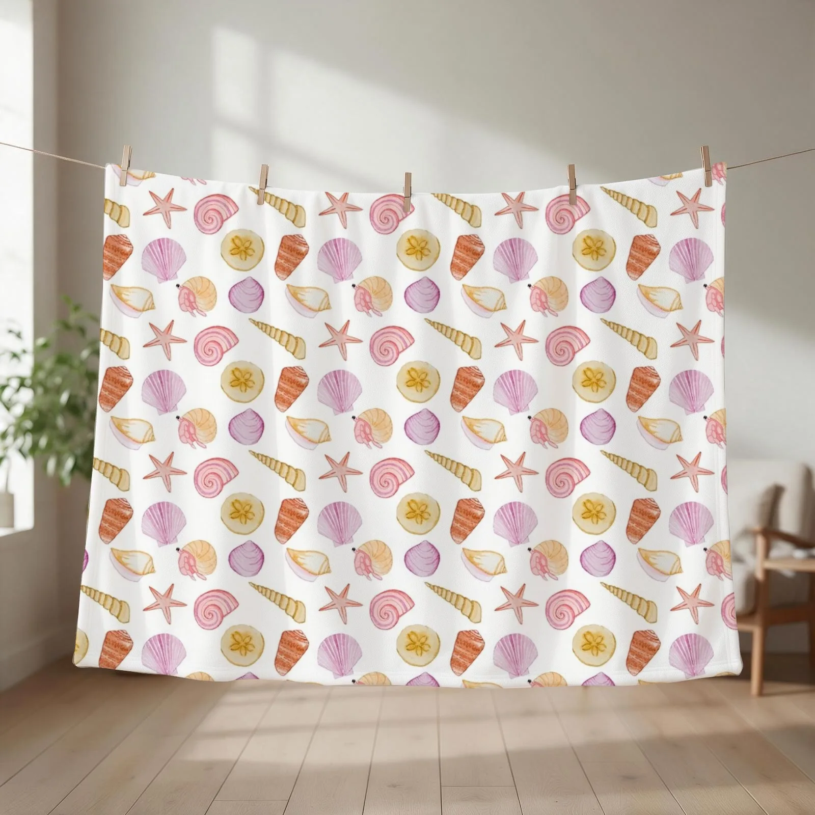 Sea shells crab watercolour Throw Blanket couch cozy soft plush fuzzy picnic outdoor blanket
