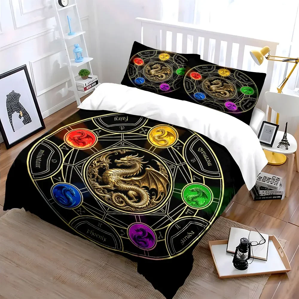 3Pcs Fantasy Dragon Bedding Set, Golden Dragon Magic Circle Print Duvet Cover + 2 Pillowcases, Exquisite bedding decor gift