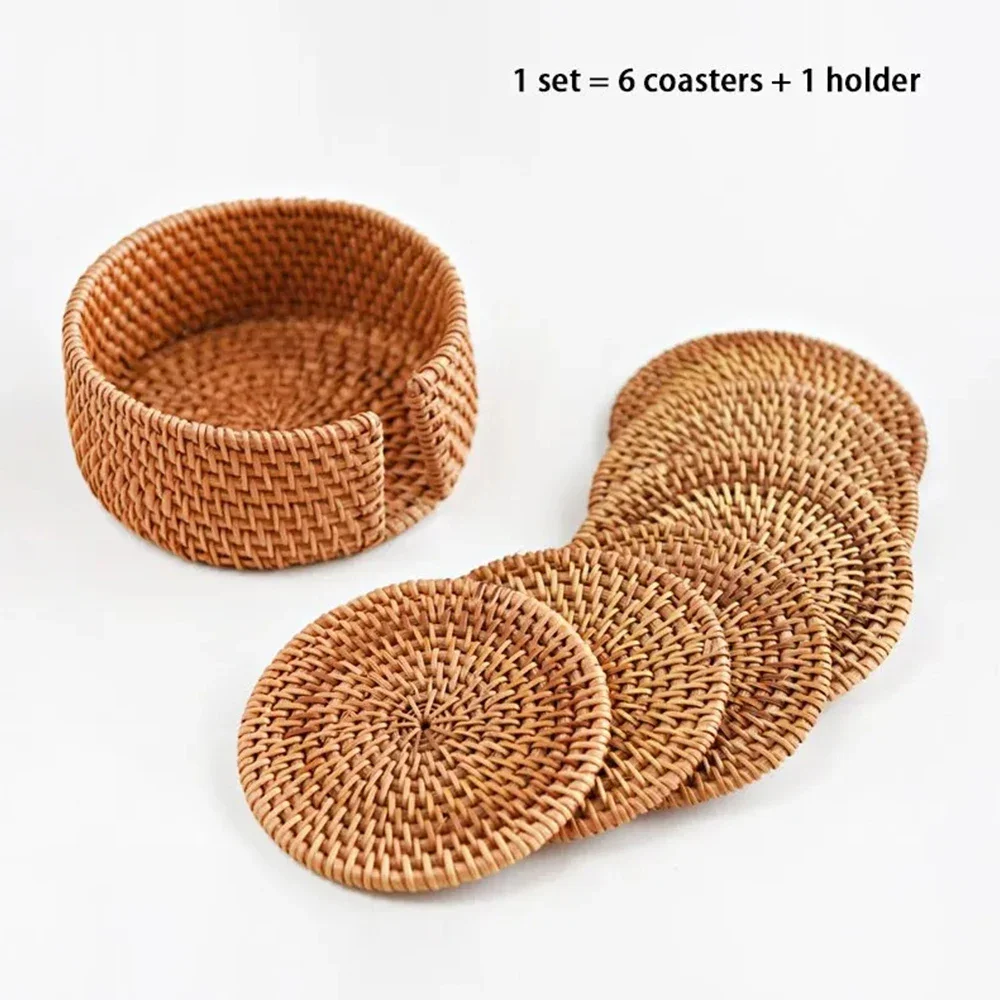 

6Pcs Drink Coasters Set Individual Table Placemats Insulation Mats Absorbent Woven Rattan Coasters Circular Meal Mats Kitchen