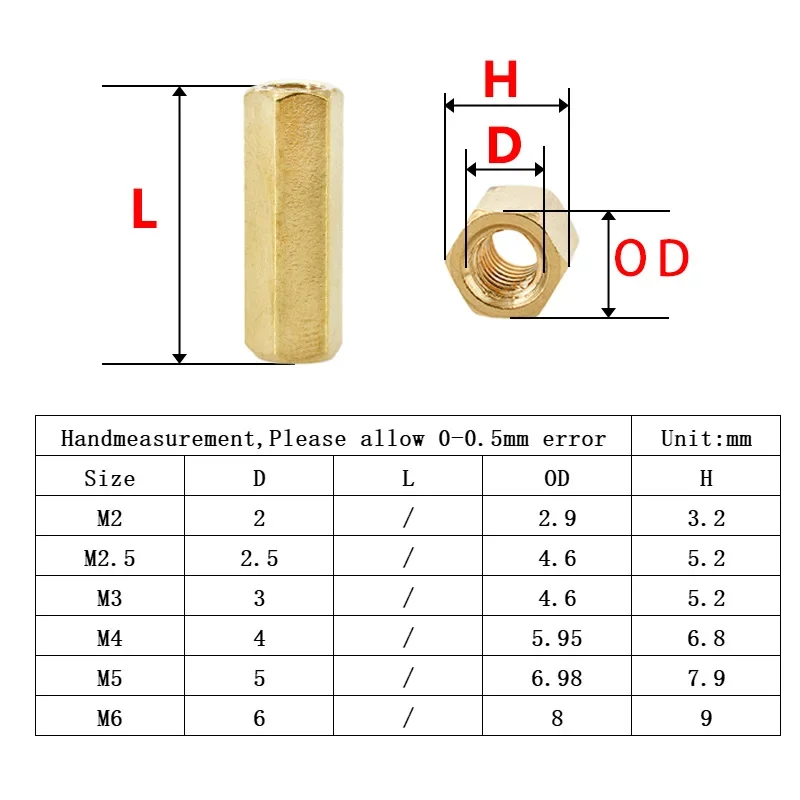 Hexagonal Hollow Female Brass Motherboard Standoff PCB Support Hex Spacing Screw Bolts Rack Mount Column M2 M2.5 M3 M4 M5 M6