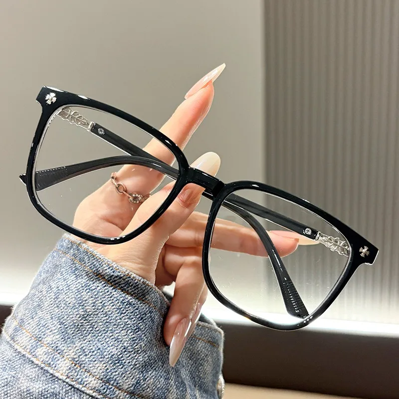 Anti blue light color changing glasses for female students, large frame, trendy, plain faced, men's gray changing glasses