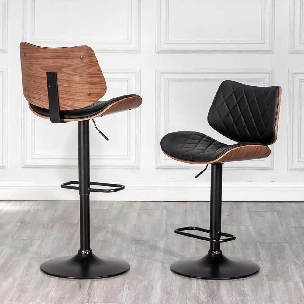 

Bar Stools Set o 2 Century ern Adjustable Counter Height Black Leather Upholstered 360°Swivel Bar Chairs or Kitchen Island/Dinin