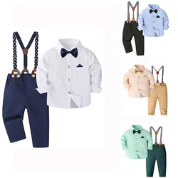 Boys Wedding Clothing Set Solid Cotton Shirt with Pants Children Suspender Suit 0-4 Years Fall Birthday Costume Gentleman Child