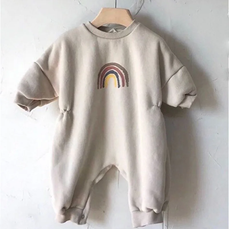 Children's Spring and Autumn Thick Korean Baby Rainbow Button Fashion and Cute Kids Rompers Clothes