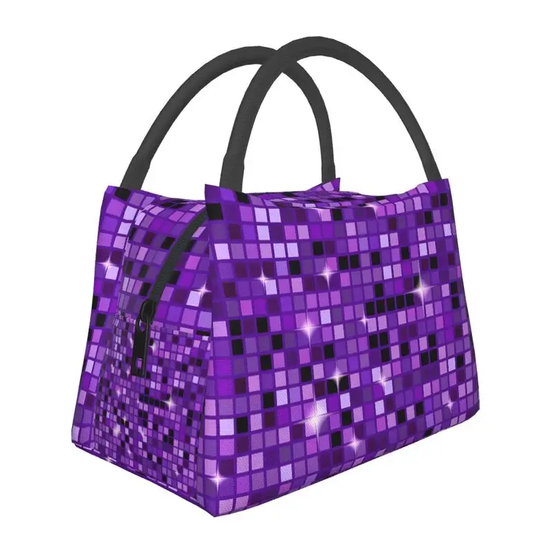 

Purple Disco Ball Glitter Thermal Insulated Lunch Bags Women Portable Lunch Container for Outdoor Picnic Storage Meal Food Box