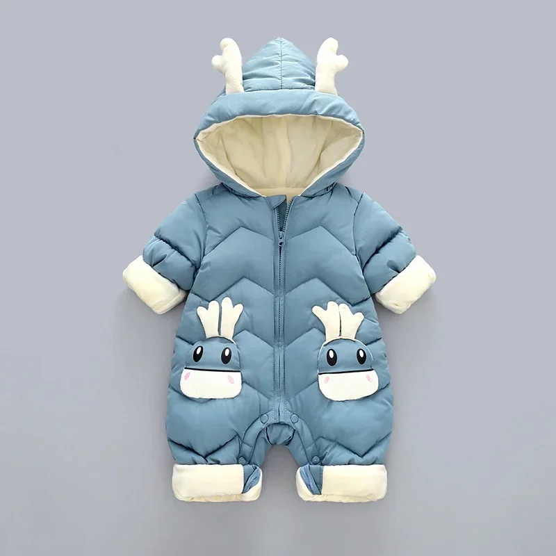 2023 Neugeborene plus Samt Baby Kostüm Mädchen Kleidung Winter Baumwolle Overalls Stram pler Cartoon Kapuze Schnee anzug Kleinkind Junge Overalls