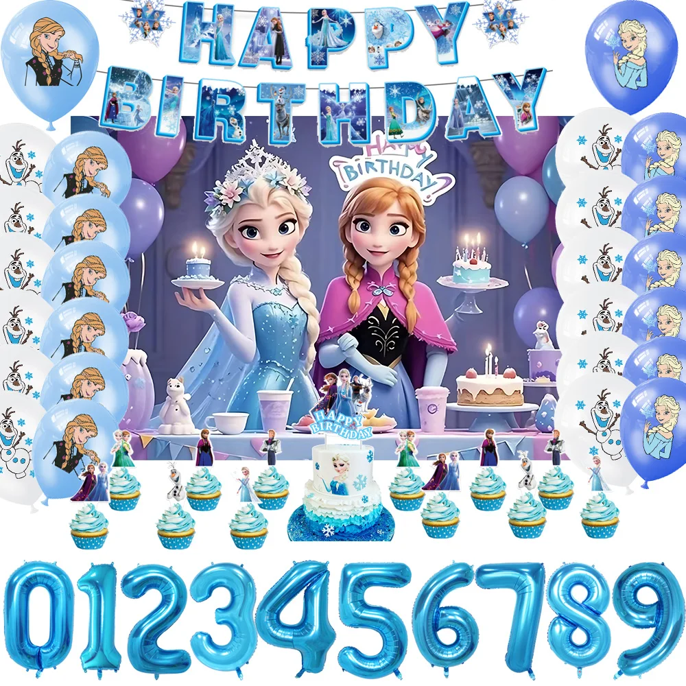 

Frozen Theme Birthday Party Decoration Set Anna Elsa Princess Backdrop Balloons Cake Topper Kids Gift Supplies Photography Props