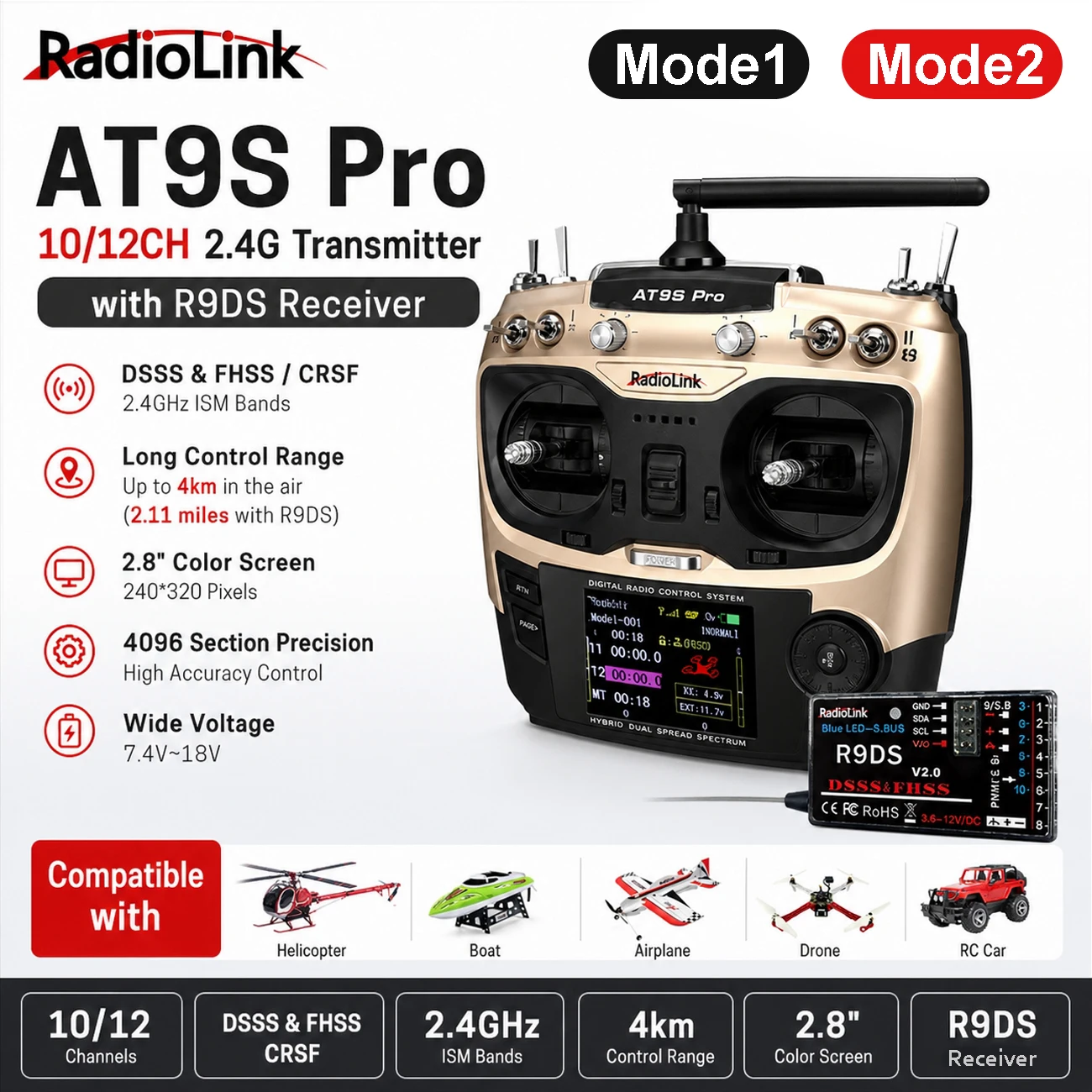RadioLink 2.4G AT9S PRO 2.4G 10/12CH DSSS FHSS RC Transmitter w/ R9DS Receiver for RC Fixed Wing Quadcopter Airplane Drones Car