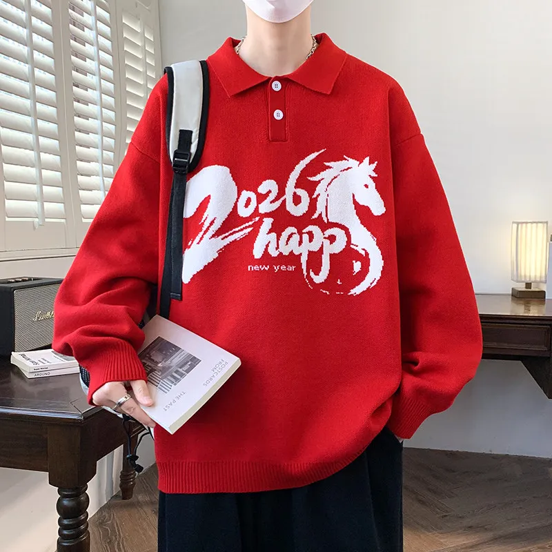 

Autumn Winter Men's Knitted Sweater Casual Versatile Red Yarn Faionable Celebra Long Sve Crew Ne Top for Youth