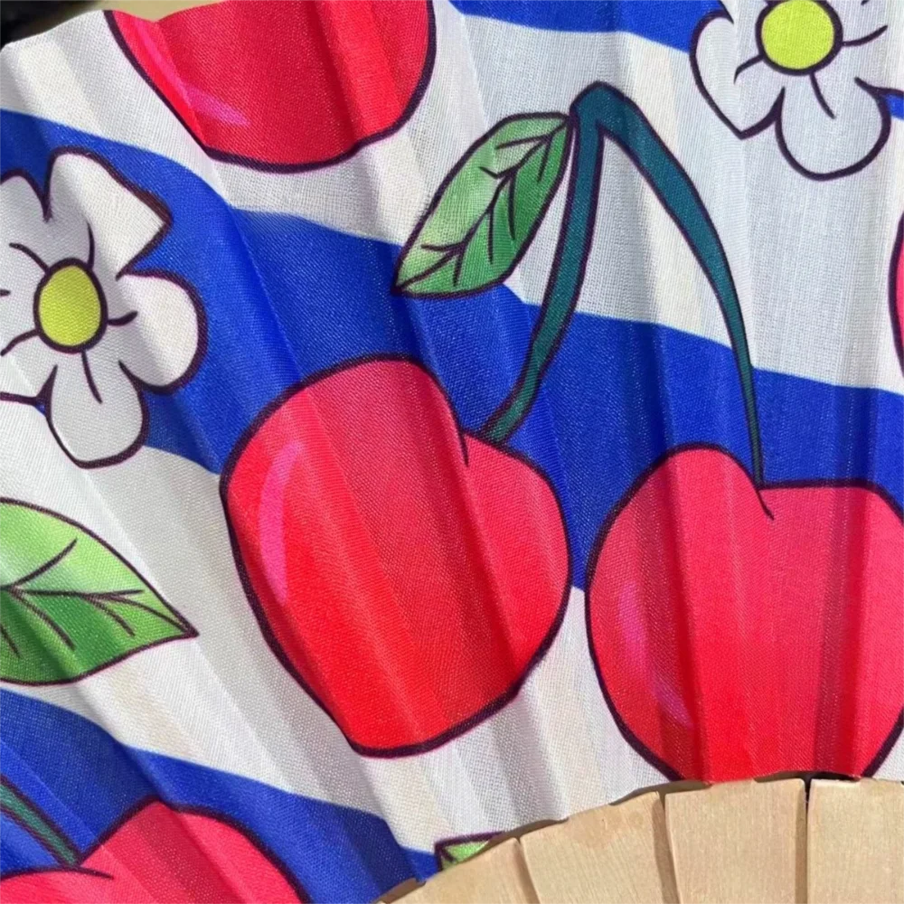 New Portable Folding Hand Fan Lemon Cherry Printed Foldable Bamboo Fan Simple Wooden Handle Fan Party Gifts